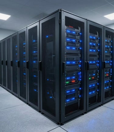 A wide-angle interior shot of a professional data center in Turkey, featuring rows of server racks with blue LED status lights and a clean, technical atmosphere with soft light grey floors.