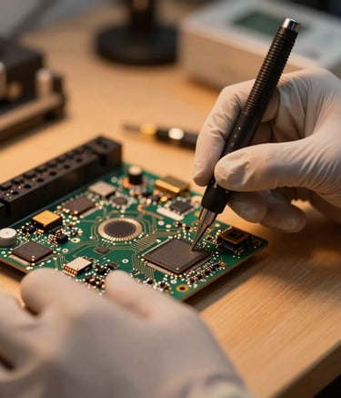 Macro photography of a professional technician's hands wearing anti-static gloves, working on a complex circuit board of a solid-state drive in a Middle Eastern / Turkish office. Soft amber orange lighting highlights the precision tools.