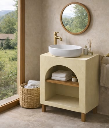 Mueble de lavabo de microcemento con repisa de madera maciza