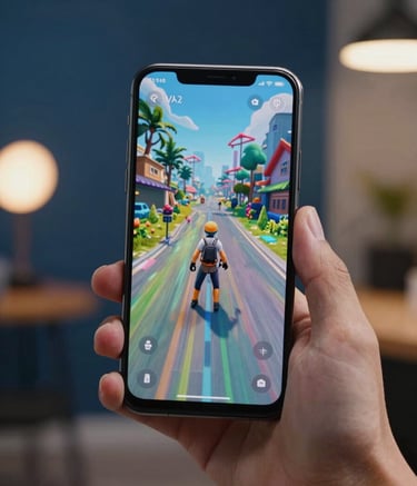 A close-up photograph of a high-end Android smartphone being held in a hand in a modern North American creative studio. The screen displays a vibrant, high-performance mobile game with fluid animations. The background features soft, out-of-focus warm lighting and a deep blue wall.