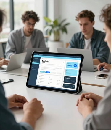 A professional North American office scene where software designers are collaborating around a large desk. A large tablet in the center displays a sleek app user interface with light blue accents. The environment is modern, clean, and filled with natural daylight.