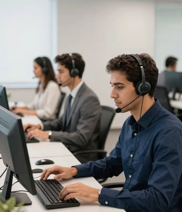 Photography of a modern and clean call center office in Brazil, agents wearing professional headsets working at organized desks, bright natural lighting, soft navy blue and off-white color palette, professional South American corporate environment.