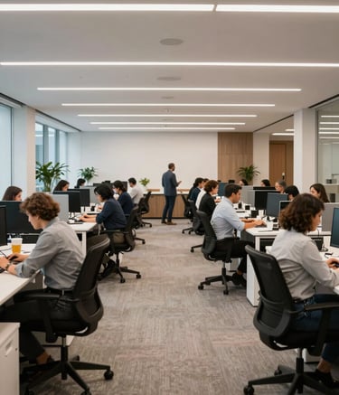 Wide shot of an organized and modern office floor in a Brazilian city, ergonomic furniture, professional atmosphere with people collaborating, clean architecture, lighting highlighting the efficiency and competence of the brand.