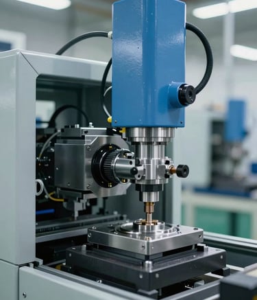 Detailed photography of high-precision industrial manufacturing equipment inside a bright, modern North American factory. The lighting is clean and professional, highlighting steel blue and light gray surfaces. Shallow depth of field focusing on the intricate mechanical components.