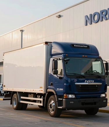Photography of a modern North American commercial logistics hub. A clean, professional delivery truck is parked in front of a contemporary warehouse. Soft morning sunlight, emphasizing a sense of reliability and efficient business operations. Colors include navy blue and off-white.