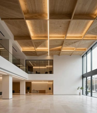 Professional architectural photography of a modern minimalist office lobby in a Southern European city, showcasing complex geometric drywall ceiling structures and elegant golden ochre hidden LED lighting, clean and professional mood.
