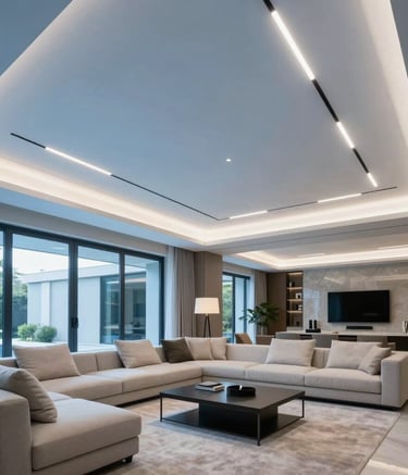 Wide shot of a bright, modern living room in an Italian villa featuring a sophisticated false ceiling with linear LED diffusers and perfectly smooth surfaces, steel blue and off-white color palette.