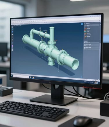A modern, professional engineering workspace featuring a wide monitor displaying a detailed 3D piping isometric model. The environment uses a palette of Steel Blue and Pale Mist, reflecting a highly efficient and technical atmosphere.