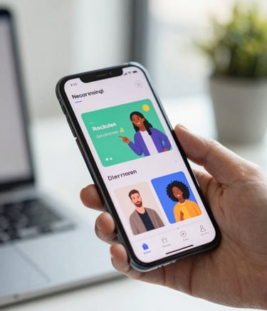A close-up photograph of a modern Android smartphone being used in a bright, North American office setting. The screen shows a vibrant, creative interface for a learning application, with soft natural lighting and a shallow depth of field, reflecting a professional and innovative atmosphere.