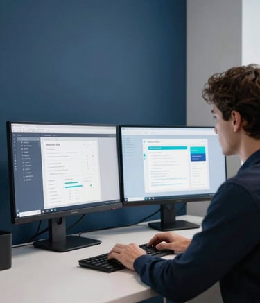 A professional developer in a sleek, minimalist North American workspace, working on a dual-monitor setup showing app design mockups. The environment is sophisticated and modern with deep blue and soft white accents, conveying a sense of innovation and focus.