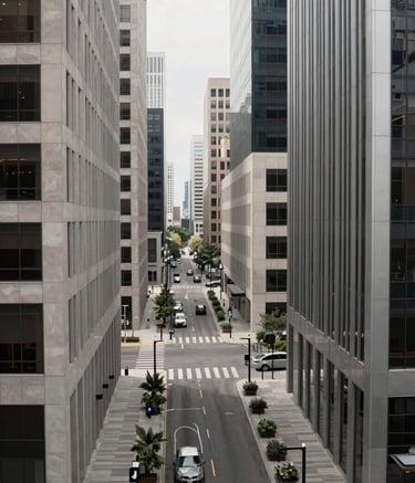 Professional high-angle shot of a minimalist North American / US business district, featuring clean architecture and organized walkways, reflecting efficiency and order.