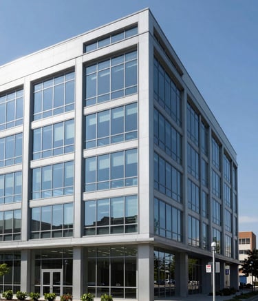 A crisp, exterior shot of a contemporary glass-and-steel commercial building in a North American / US suburban setting, clean lines, under a clear blue sky, emphasizing a modern corporate presence.
