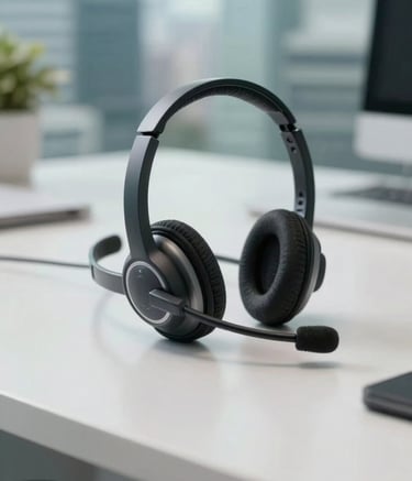 Close-up of a high-quality professional tele-attendant headset resting on a clean, modern desk in a South American business district. Muted teal accents, professional soft lighting, clean composition.