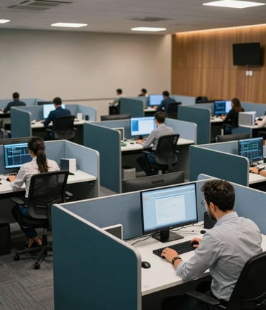 A wide shot of a modern, well-lit communication center in Brazil. Professional staff working at tidy desks with deep dark green-blue and light blue office partitions, sophisticated atmosphere.