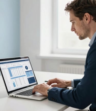 A focused Western European consultant working on a laptop in a bright, modern office. The screen shows a sophisticated project management dashboard. Soft blue shadows and clean white lighting dominate the scene.