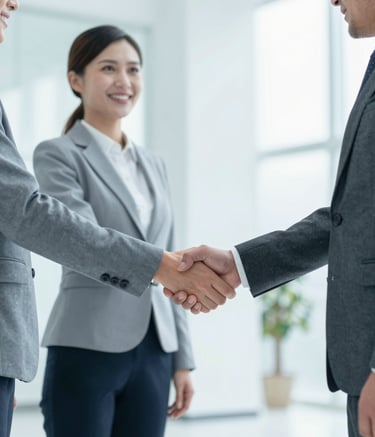 Two professionals in modern business attire shaking hands in a bright, minimalist lobby. The composition is clean and modern, using a color palette of #B0C4D4 and #1A2A3A to convey trust and partnership.