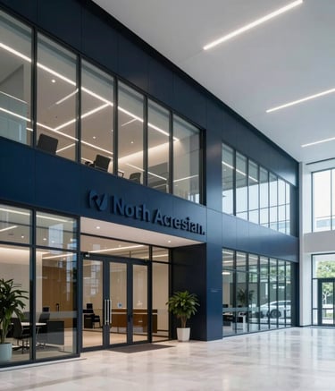 A wide-angle photograph of a modern North American corporate lobby. Clean architecture with glass walls and professional lighting. The color palette features dark navy and light blue, suggesting a high-tech, trusted platform for enterprise communications.