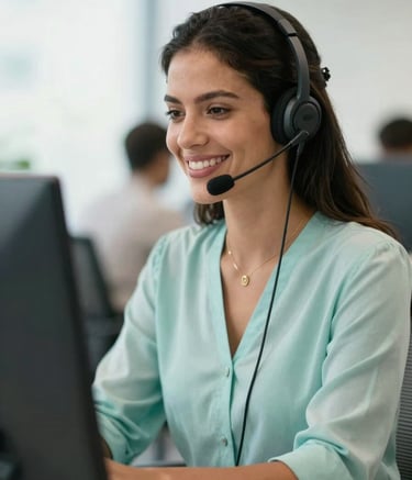 A professional South American woman wearing a modern communication headset, smiling warmly while working in a bright office space in Brazil. The composition is a medium shot with a shallow depth of field, featuring soft natural light and a color scheme of pale cyan and off-white.
