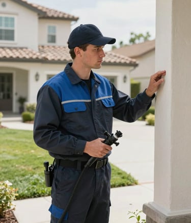 A professional pest control technician wearing a clean charcoal navy and steel blue uniform, inspecting the perimeter of a modern North American / US house. The lighting is bright and crisp, emphasizing cleanliness and thoroughness. The background shows a well-kept yard in a California setting.
