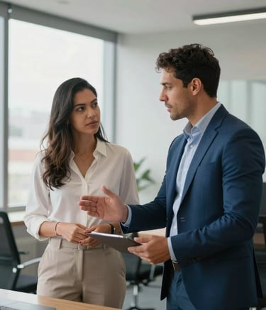 Two Brazilian professionals, a man and a woman, engaged in an encouraging career coaching session in a modern office with large windows, soft natural light, professional attire, featuring a color palette of medium blue and off-white.