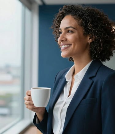 A portrait of a smiling Brazilian professional in a modern office, holding a coffee cup, looking towards a bright window with a look of hope and confidence, dark blue and light blue background tones.