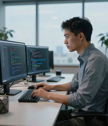 A focused professional at a sleek desk in a modern North American / US tech office, working on complex software code. The scene is lit with cool, natural light, emphasizing a professional atmosphere with steel blue and pale sky blue office accents.