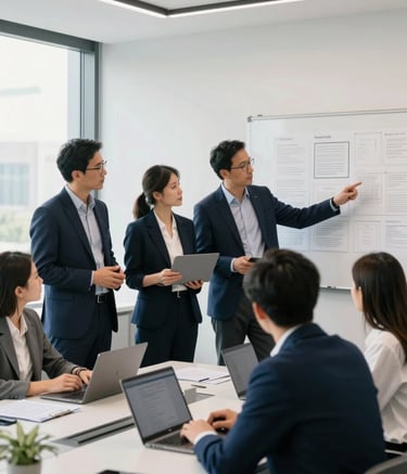 A collaborative team meeting in a bright, high-ceiling North American / US corporate office. Professionals are standing around a table with laptops, looking at a wall with strategy notes. The color palette includes dark navy blue and cloud white.