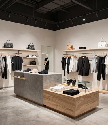Cozy boutique interior with warm lighting and elegant displays.