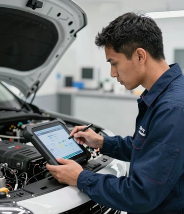A professional South American technician in a clean workshop, using a diagnostic tablet to scan a modern SUV's electronic system. The atmosphere is professional and well-lit, with a color palette of dark blue and white.