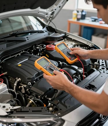 Detailed photography of a modern car engine bay being inspected with a digital multimeter by a specialist in a Brazilian service center. Bright, clear lighting and a clean, organized workspace.