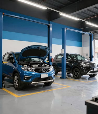 Professional wide shot of a modern Brazilian auto electric repair shop. The floor is clean, the lighting is bright, and the interior is decorated with shades of medium blue and sky blue.