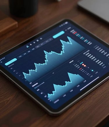 A close-up shot of a modern, high-tech tablet on a dark mahogany desk displaying complex energy market analytics and fiscal charts. The lighting is soft and professional, highlighting a premium atmosphere with deep navy #0B1A2A and soft blue #A8C6CF accents in the digital interface.