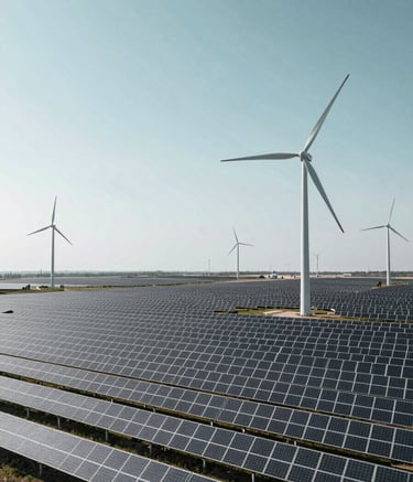 An aerial panoramic view of a vast solar energy plant integrated with wind turbines under a clear, bright sky. The composition is clean and minimalist, reflecting strategic innovation and reliability. The color palette emphasizes #A8C6CF skies and #0B1A2A silhouettes of energy infrastructure.
