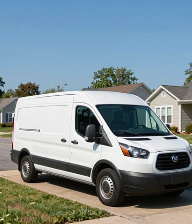 A clean service van parked in a sunny North American suburban driveway in West Chester, Ohio. The background shows a well-maintained residential street under a clear blue sky.