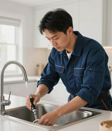 A professional plumber in a clean dark blue uniform inspecting a modern kitchen sink in a bright North American home. The lighting is natural and airy, emphasizing cleanliness and trust.