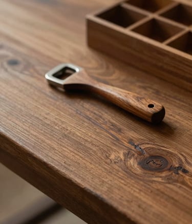 A close-up high-detail shot of a finished reclaimed wood table surface, showing rich grain and textures. Nearby, a handcrafted wooden bottle opener and a small organizer box sit elegantly. Lighting is warm and sophisticated, highlighting the #9E3A3A tones in the wood.