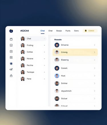 A premium, clean interface mockup of the IVRON dashboard. It shows organized chat lists with labels, team assignment icons, and a minimalist sidebar. The lighting is bright and modern, focusing on the UI's clarity and sophistication, featuring the brand's signature #0E2C4F and #C8AA6A highlights.