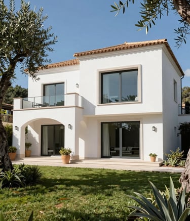 A luxury villa exterior in Southern Europe, featuring white walls, large modern windows, and a manicured garden with olive trees under a bright blue sky. Professional photography, architectural focus.