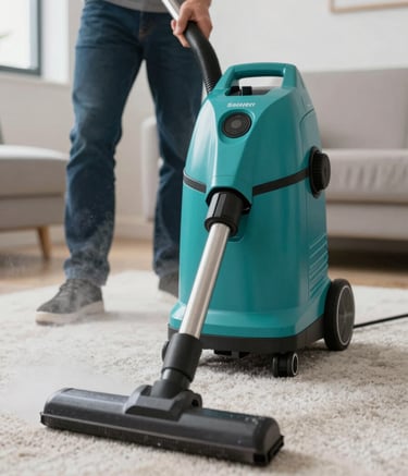 A close-up shot of professional-grade steam cleaning equipment in action on a plush carpet, highlighting the extraction process. The scene is bright and clean, incorporating the brand's teal colors (#3A6B6C and #82B2B3) through the equipment's detailing and the surrounding modern Melbourne interior. The lighting is crisp and professional.