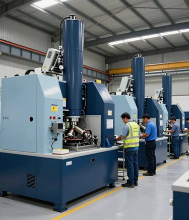 A wide shot of a modern and clean industrial facility in Brazil, featuring high-end machinery and technicians working in an organized environment, navy blue and light blue color palette.