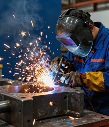 Detailed photography of a professional welder working on a complex industrial steel component, golden sparks flying against a steel blue and navy background, professional South American industrial setting, focused lighting.