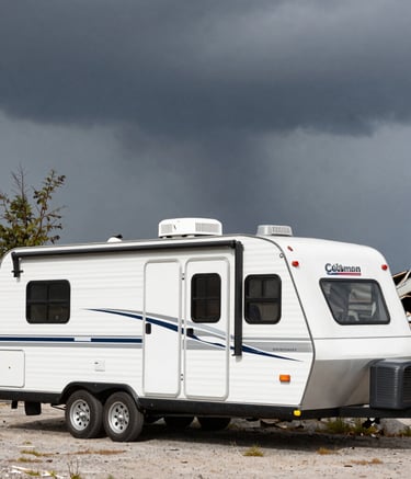 A sleek, dark teal temporary lodging unit parked at a disaster site with safety orange accents.