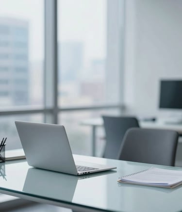 A high-end, modern office setting with a glass desk and a laptop. A blurred cityscape is visible through the window. The lighting is bright and professional, incorporating the brand colors #1A2C3F and #B0C5CD in the furniture and accents.