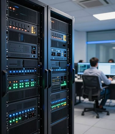 A sophisticated network operations center in Brazil with glowing status lights on server racks. In the background, a professional in a modern South American corporate setting monitors high-tech equipment. The lighting is dominated by professional steel blue and slate blue tones. High-end, architectural photography.
