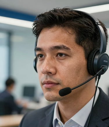 Close-up portrait of a professional in a South American business environment, wearing a high-quality telecommunications headset. The person has a focused and efficient expression. The background is a blurred modern office in Brazil with steel blue accents. Professional lighting, crisp high-end photography.