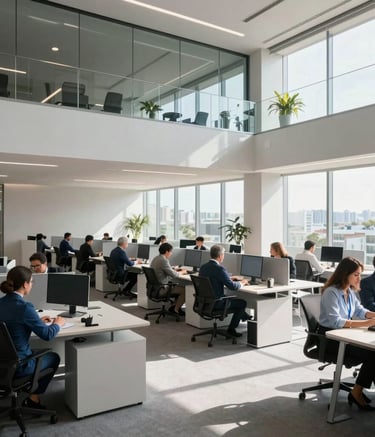 A wide-angle photograph of a modern, sunlit corporate workspace in Brazil. Professionals in business attire are engaged in work at sleek workstations. The environment uses a palette of light grays and professional blues. Contemporary South American architecture, clean and efficient atmosphere.