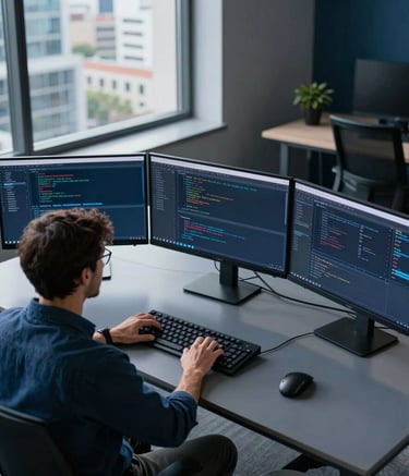 A high-angle shot of a modern workstation in a Brazilian tech office. A software developer, seen from behind, is working on three large monitors displaying code and network diagrams. The room is accented with Steel Blue and Dark Navy tones, with natural light coming through a large window showing a modern urban background.