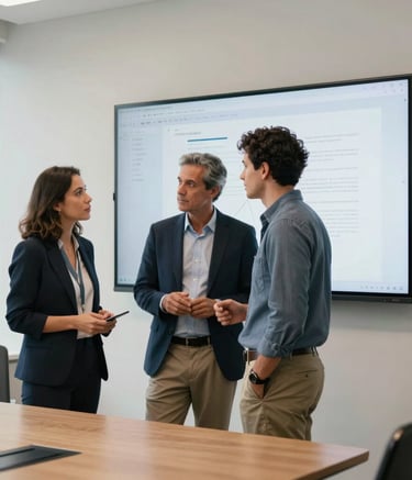 Two Brazilian IT consultants, dressed in professional business casual attire, discussing a project while looking at a large wall-mounted monitor in a sleek conference room. The atmosphere is professional and collaborative, lit by soft Off-White light.
