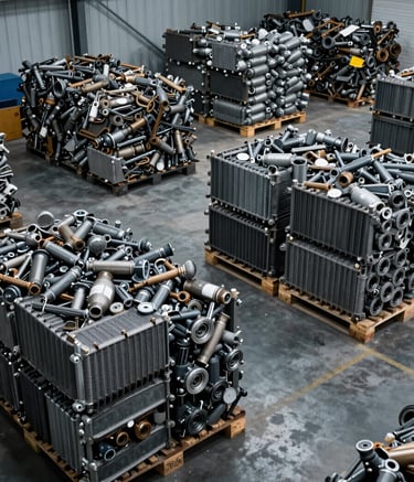 A wide-angle professional photograph of a clean, organized North American industrial recycling warehouse. Large pallets of sorted catalytic converters and automotive radiators are stacked efficiently. The scene is lit with cool industrial lighting, featuring deep navy and slate grey tones.