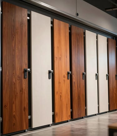 A row of premium garage door panels in Burnt Orange and Off-white finishes showcased in a professional, modern North American showroom. Soft cinematic lighting highlighting the textures of high-quality wood and steel.